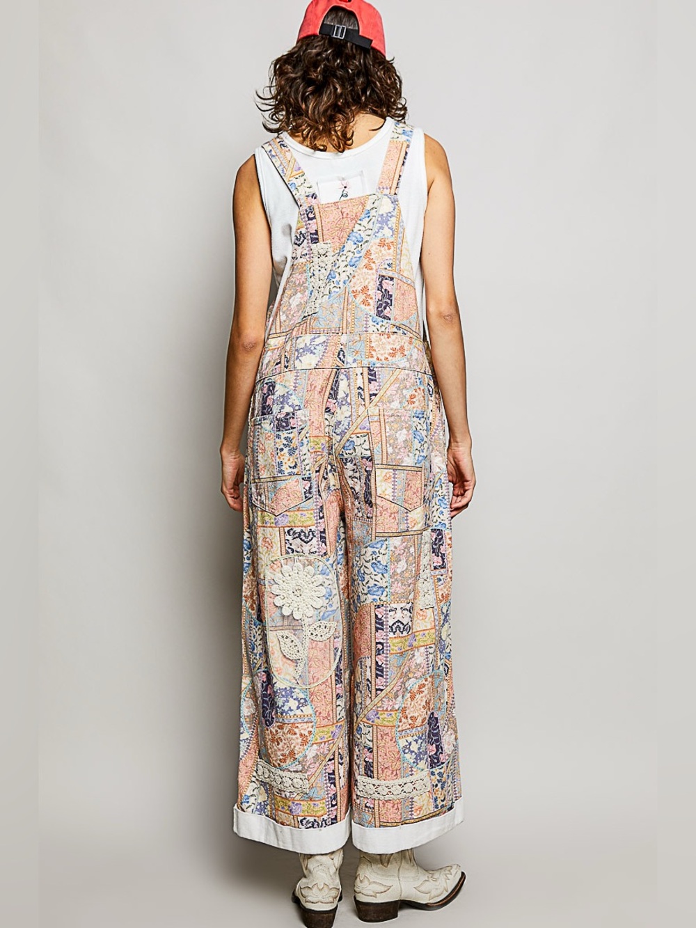POL Patchwork Floral Wide-Leg Overalls in Pastel Peach & Blue - Picture 2 of 3